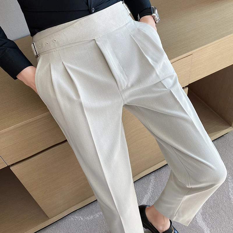 British Style Men High Waist Casual Dress Pant Men Belt Design Slim Trousers Formal Office Social Wedding Party Dress Suit Pants - Image 2