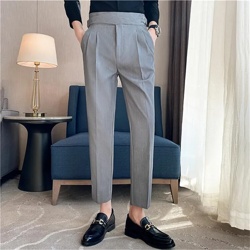 British Style Men High Waist Casual Dress Pant Men Belt Design Slim Trousers Formal Office Social Wedding Party Dress Suit Pants - Image 4