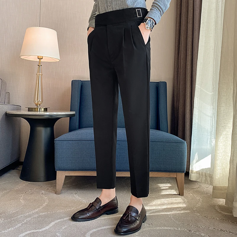 British Style Men High Waist Casual Dress Pant Men Belt Design Slim Trousers Formal Office Social Wedding Party Dress Suit Pants - Image 5