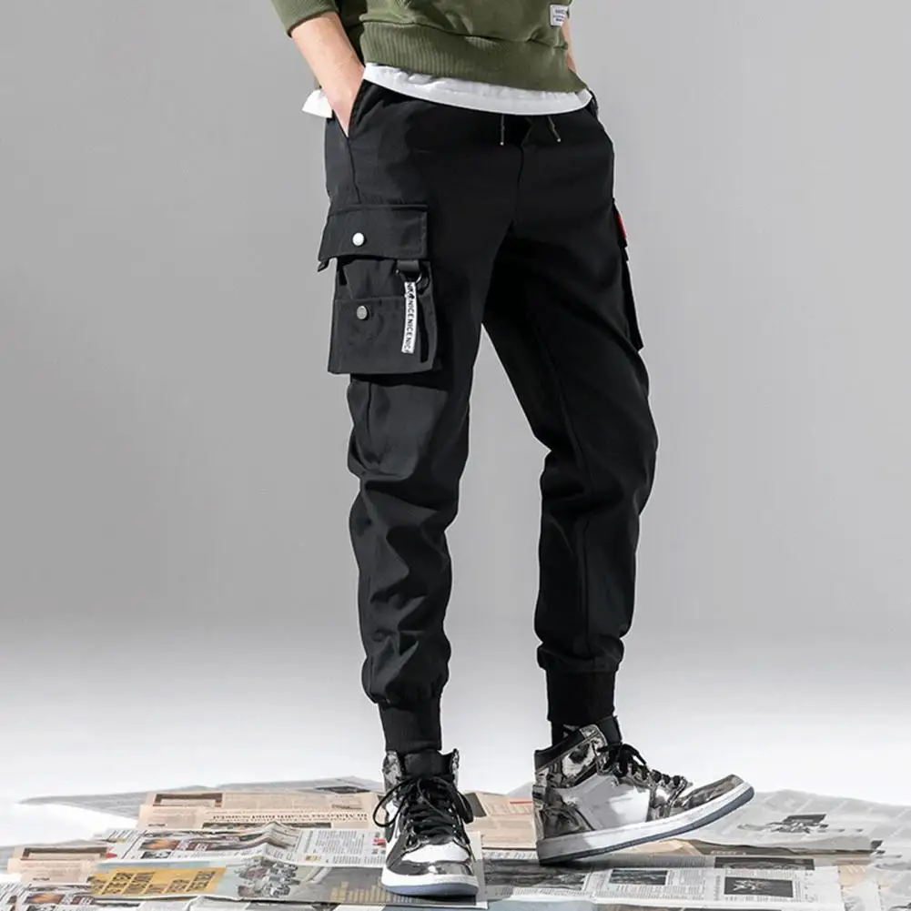 Cargo Pants Men Mid-Rise Elastic Waistband Drawstring Shrinkable Cuffs Men Sweatpants Multi Pockets Solid Color Casual Man Pants - Image 2