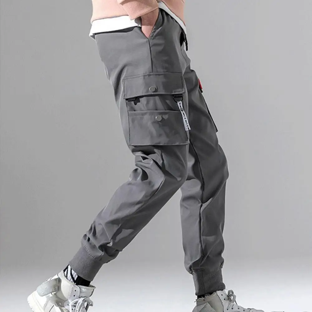 Cargo Pants Men Mid-Rise Elastic Waistband Drawstring Shrinkable Cuffs Men Sweatpants Multi Pockets Solid Color Casual Man Pants - Image 3