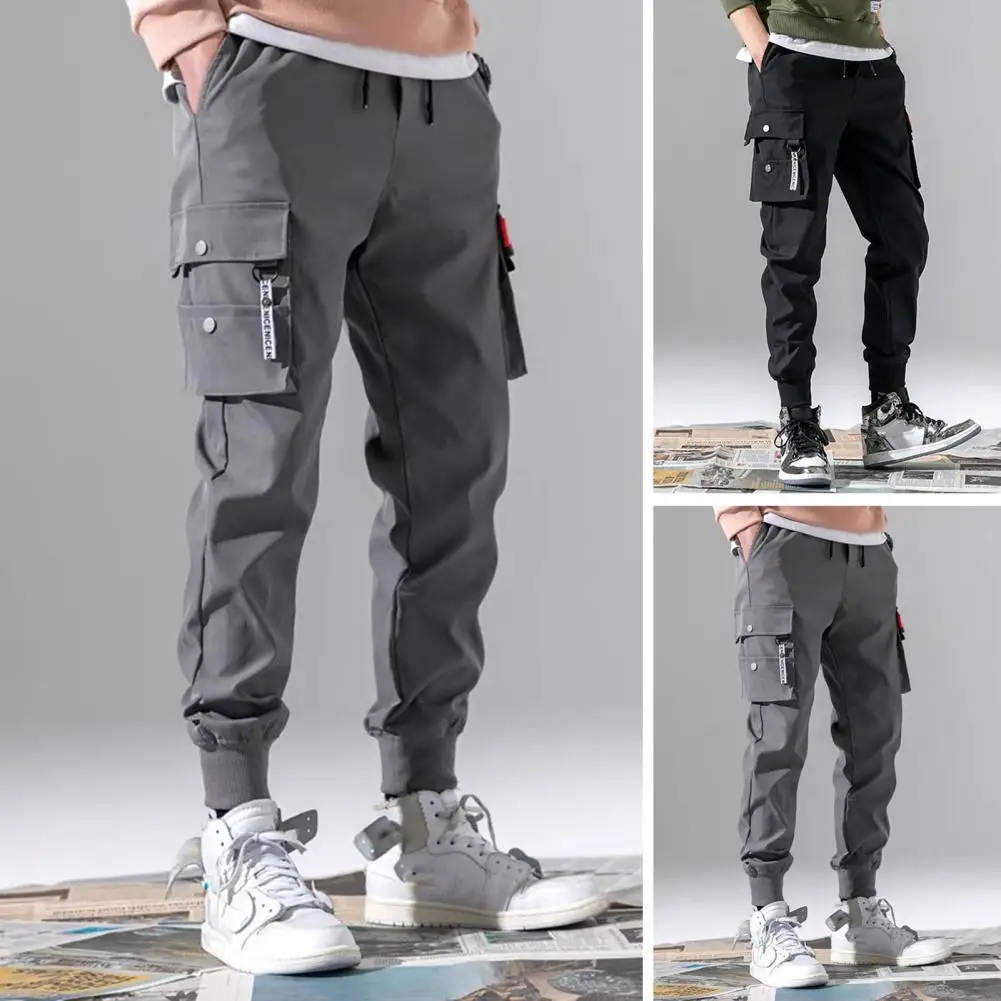 Cargo Pants Men Mid-Rise Elastic Waistband Drawstring Shrinkable Cuffs Men Sweatpants Multi Pockets Solid Color Casual Man Pants