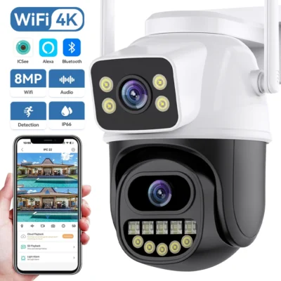HD 4K 8MP WIFI PTZ IP Camera Dual Lens Smart Home Night Vision Human Detection Outdoor 4MP CCTV Security Camera ICSEE APP
