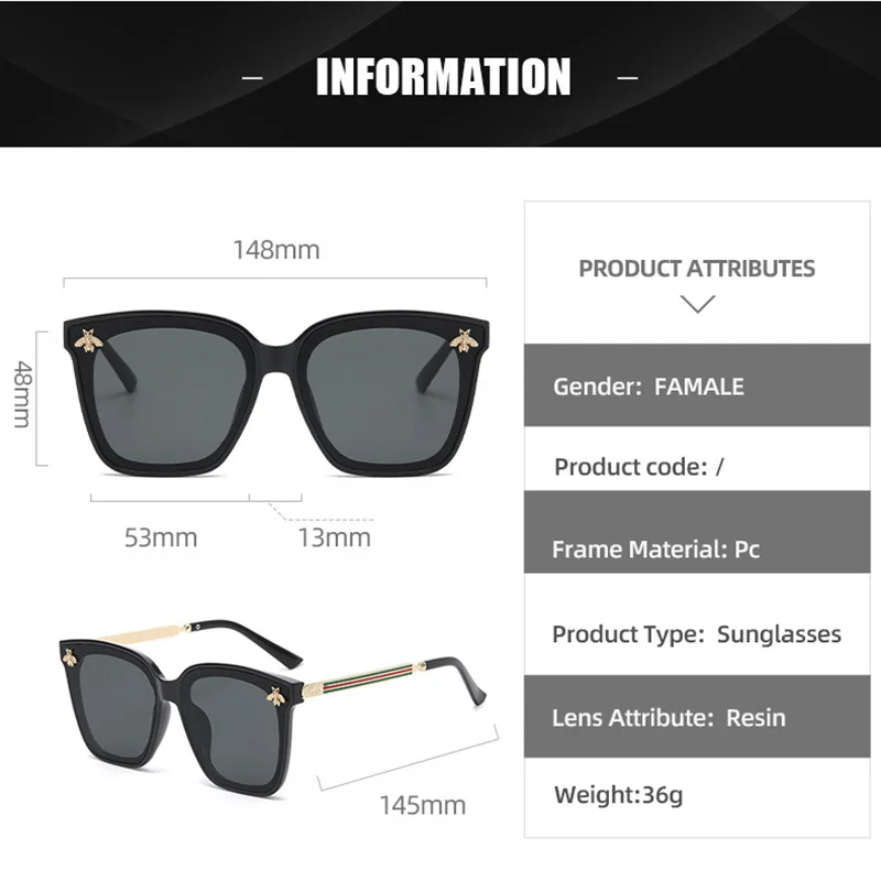 New Fashion Lady Oversize Square Bee Sunglasses Women Men Luxury Brand Gradient Sun Glasses Female Mirror Shades Oculos UV400 - Image 4