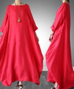 Women Summer Thin Cotton Linen Loose Dress Literary Boho Long Sleeve Dress Lady Solid Color Robe Vintage Kaftan
